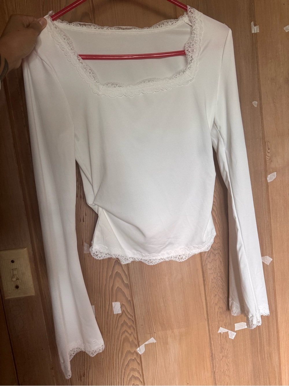 SHEIN White Lace-Trim Square Neck Long Sleeve Top
